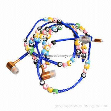 Necklace wired earphone with kinds of color crystal beads
